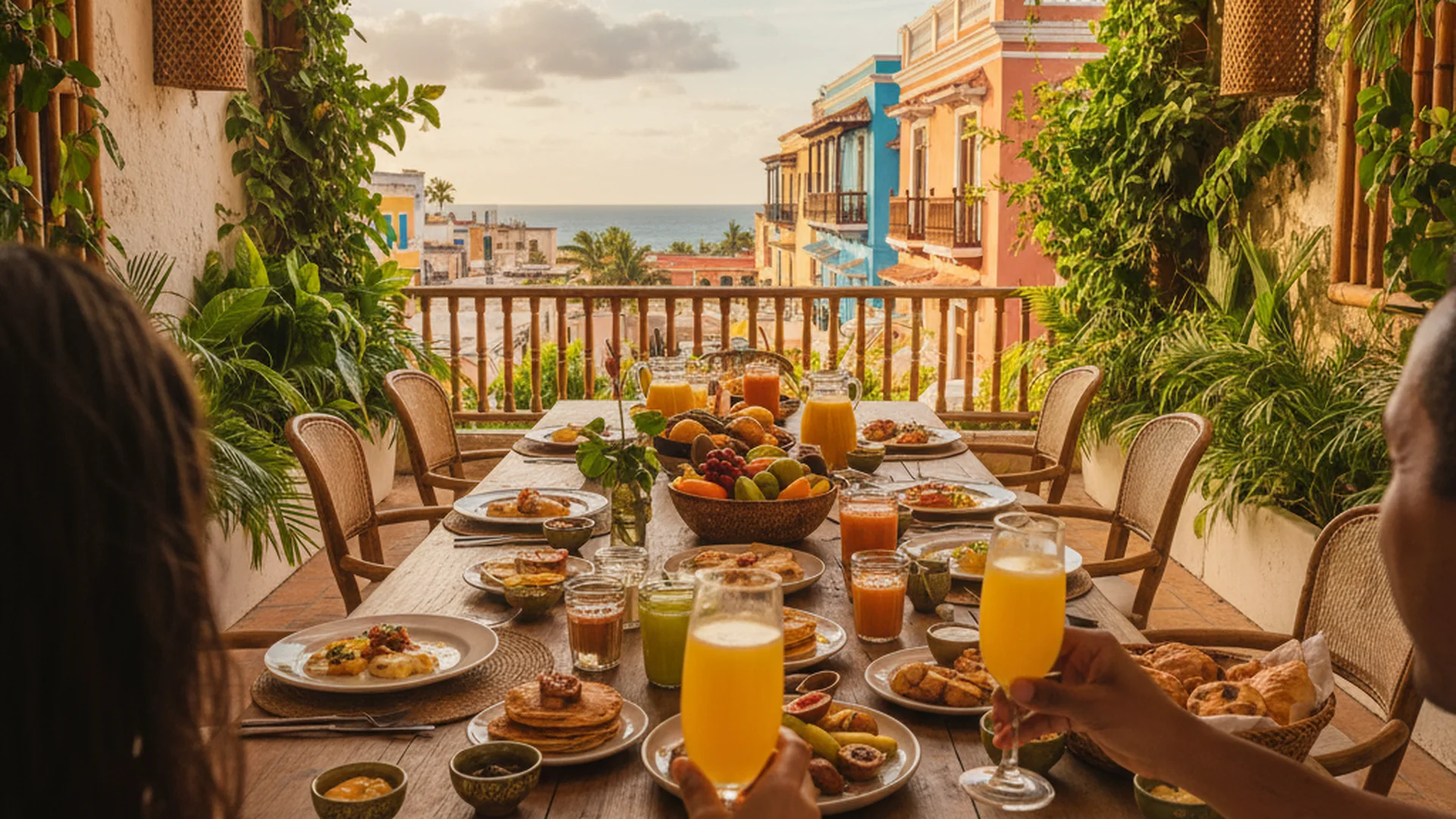 A brunch spread on a sunny cafe table