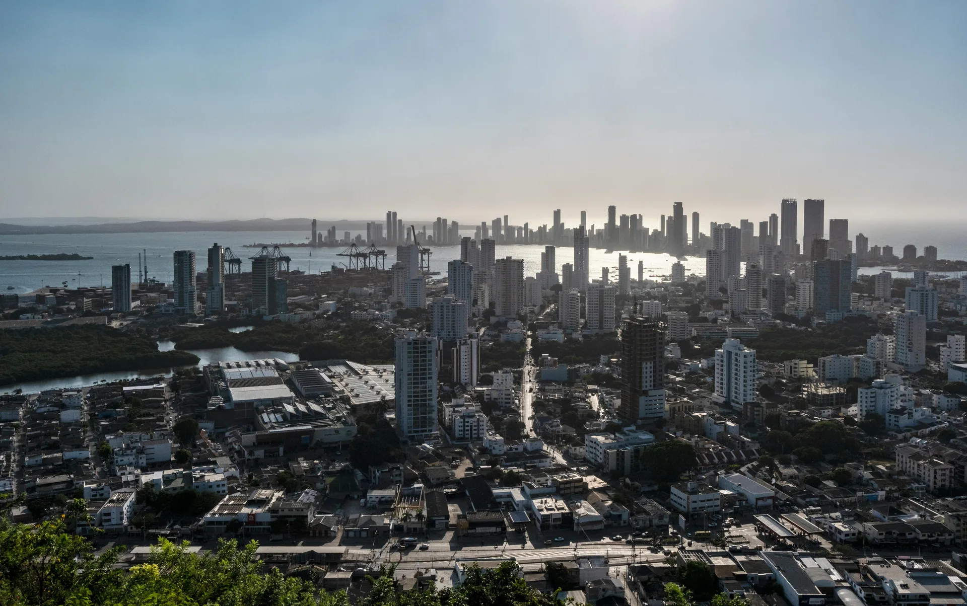 View over Cartagena rooftops and the modern Bocagrande skyline