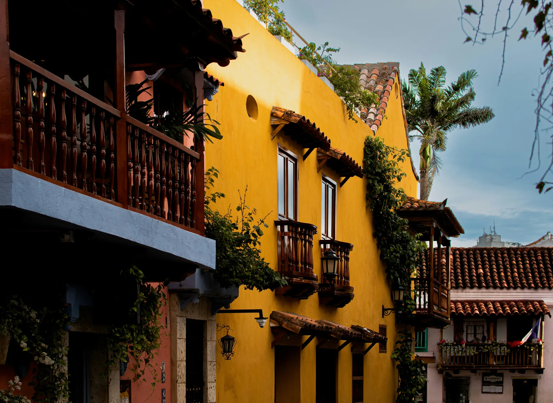 Colonial houses with wooden balconies in the Colombian Caribbean