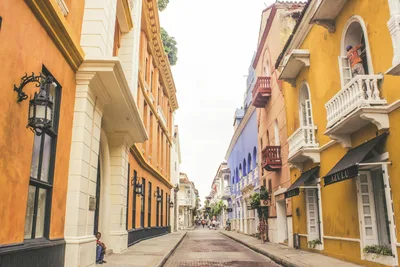 Vibrant colonial architecture on a historic street in Cartagena, Colombia.