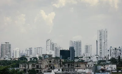Skyline of Cartagena, Colombia, showcasing modern skyscrapers alongside historical architecture.