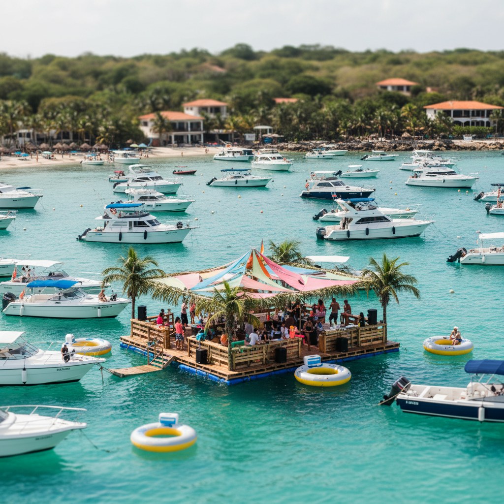 Boats anchored in the turquoise water of Bahia de Cholon near Cartagena